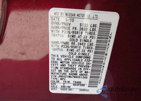 2011 Nissan Murano Sl z USA, uszkodzony, nr VIN JN8AZ1MU7BW051349